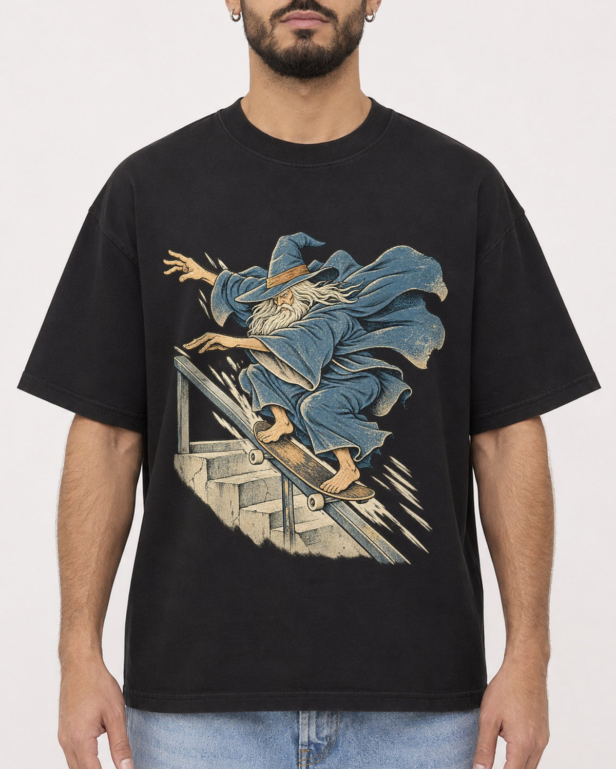 Mockup Boxy Heavyweight Tee Black male close-up 37