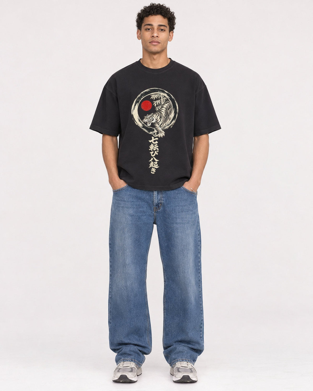 Mockup Boxy Heavyweight Tee Black male full-body 10