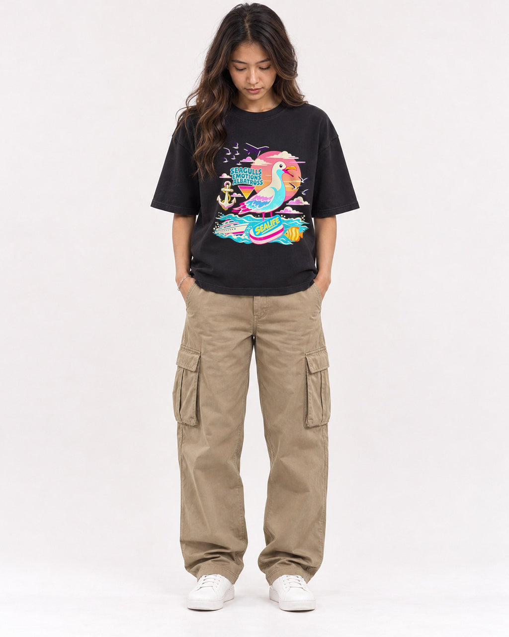 Mockup Boxy Heavyweight Tee Black female full-body 02