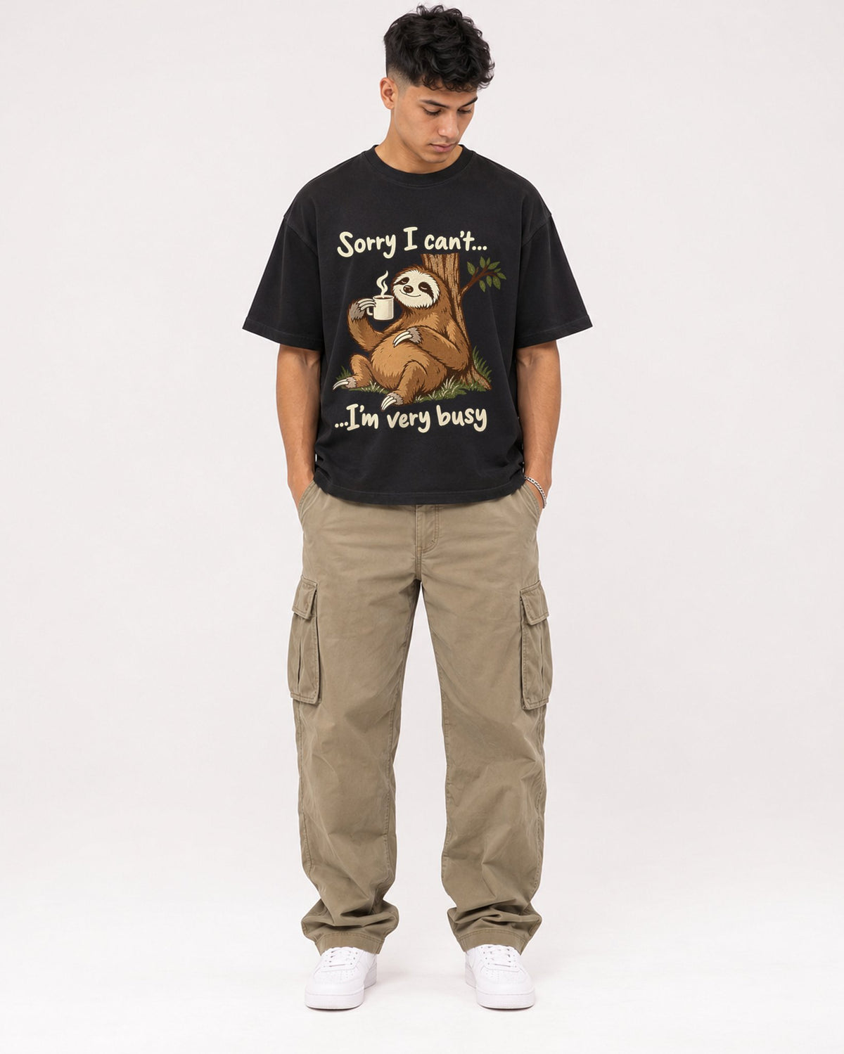 Mockup Boxy Heavyweight Tee Black male full-body 16