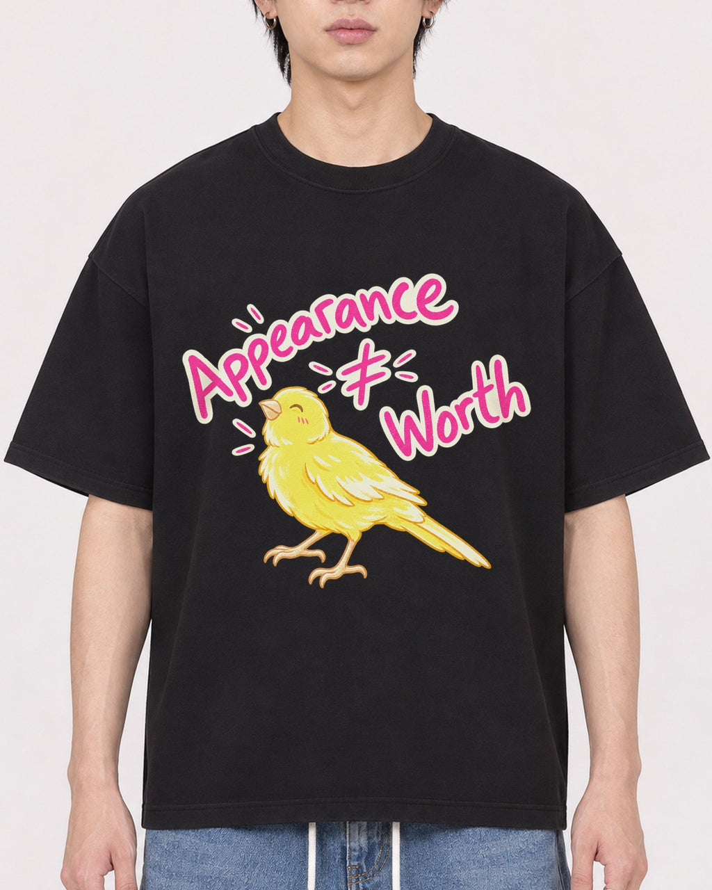 Mockup Boxy Heavyweight Tee Black male close-up 11