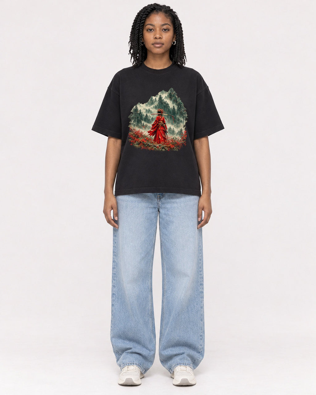 Mockup Boxy Heavyweight Tee Black female full-body 15
