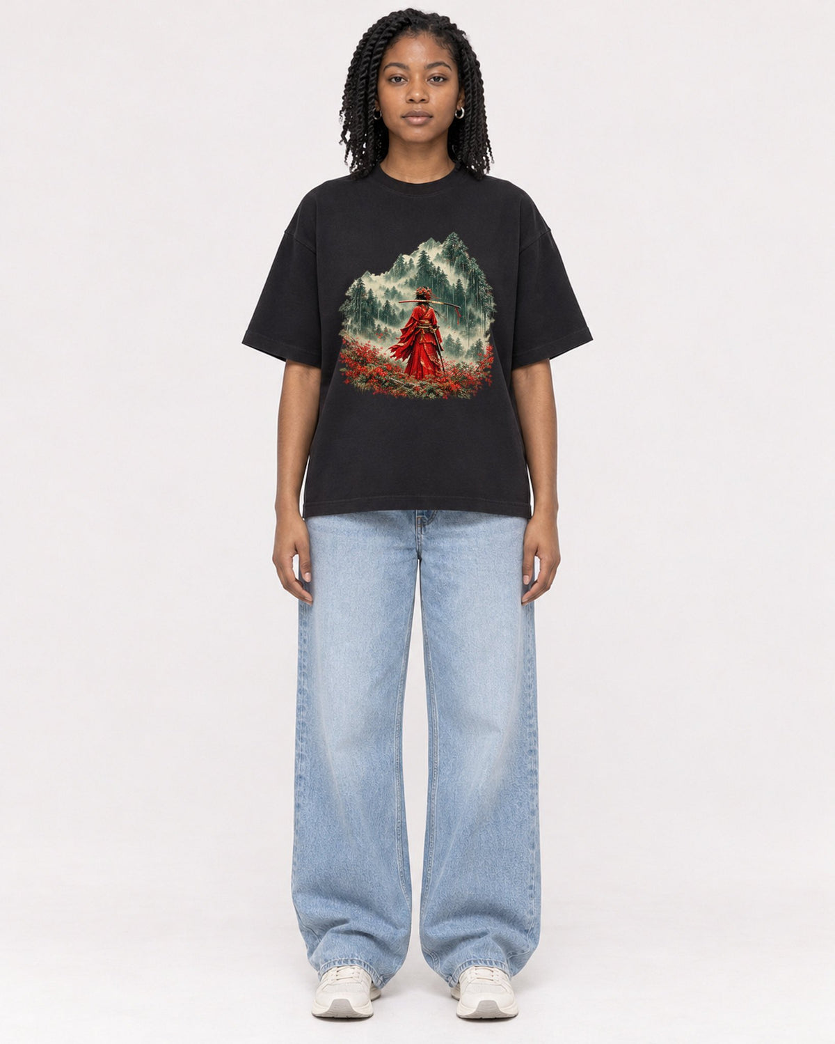 Mockup Boxy Heavyweight Tee Black female full-body 15