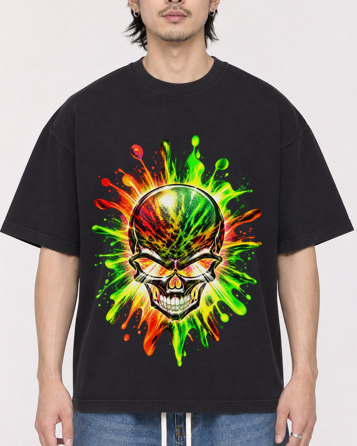 Mockup Boxy Heavyweight Tee Black male close-up 23