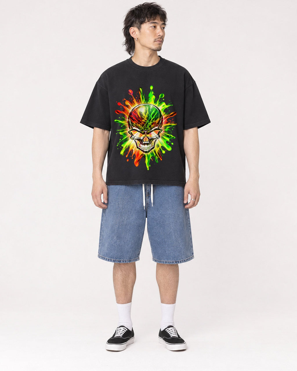 Mockup Boxy Heavyweight Tee Black male full-body 23