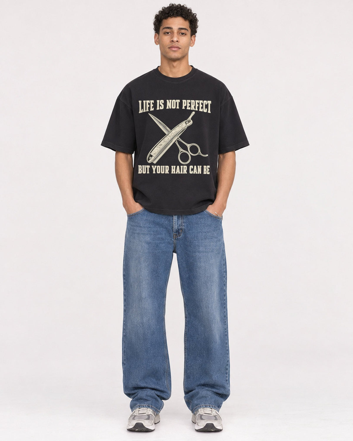 Mockup Boxy Heavyweight Tee Black male full-body 10