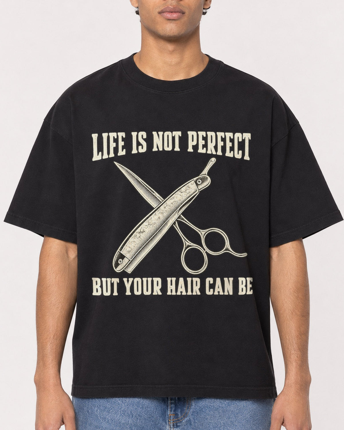 Mockup Boxy Heavyweight Tee Black male close-up 10