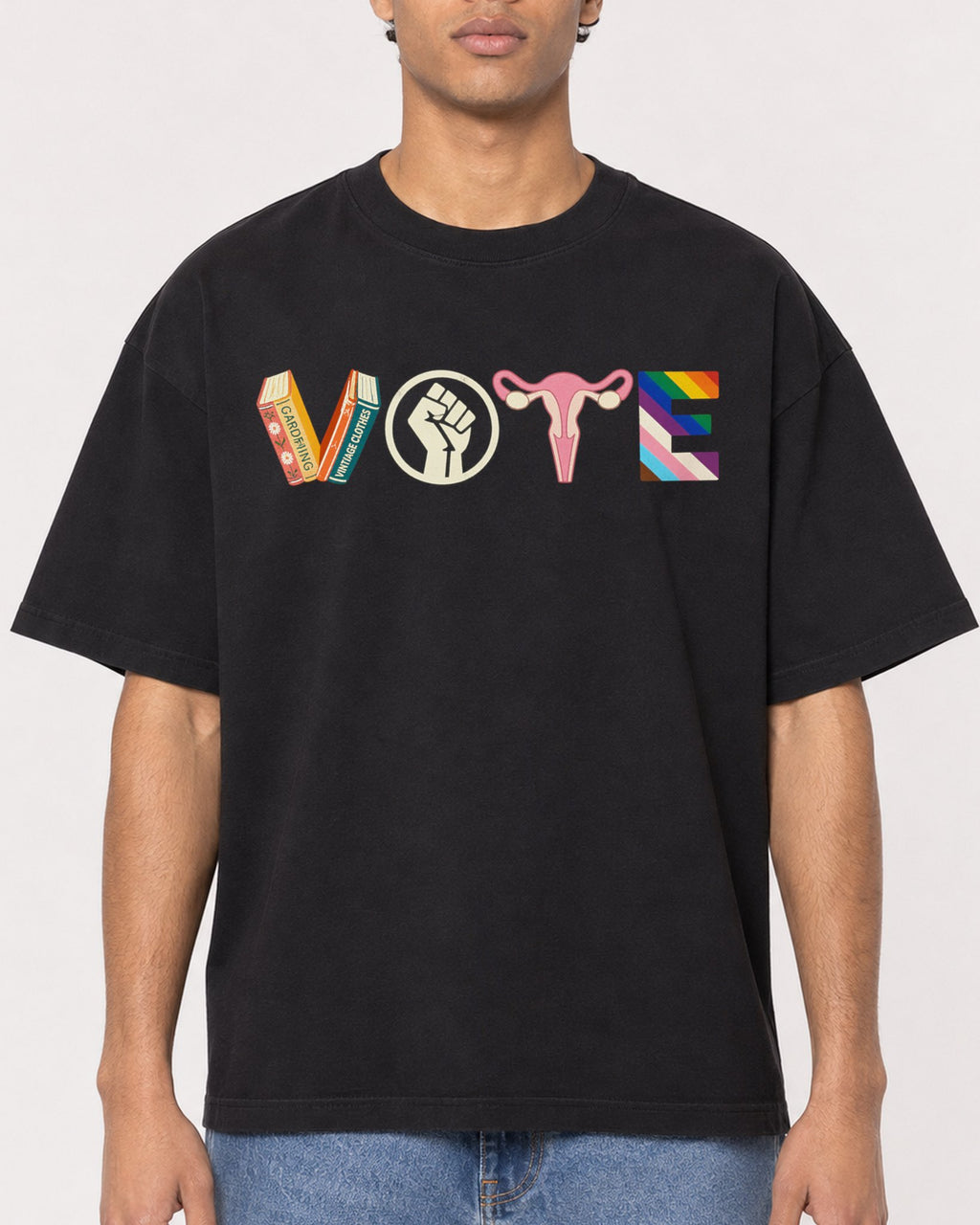 Mockup Boxy Heavyweight Tee Black male close-up 10