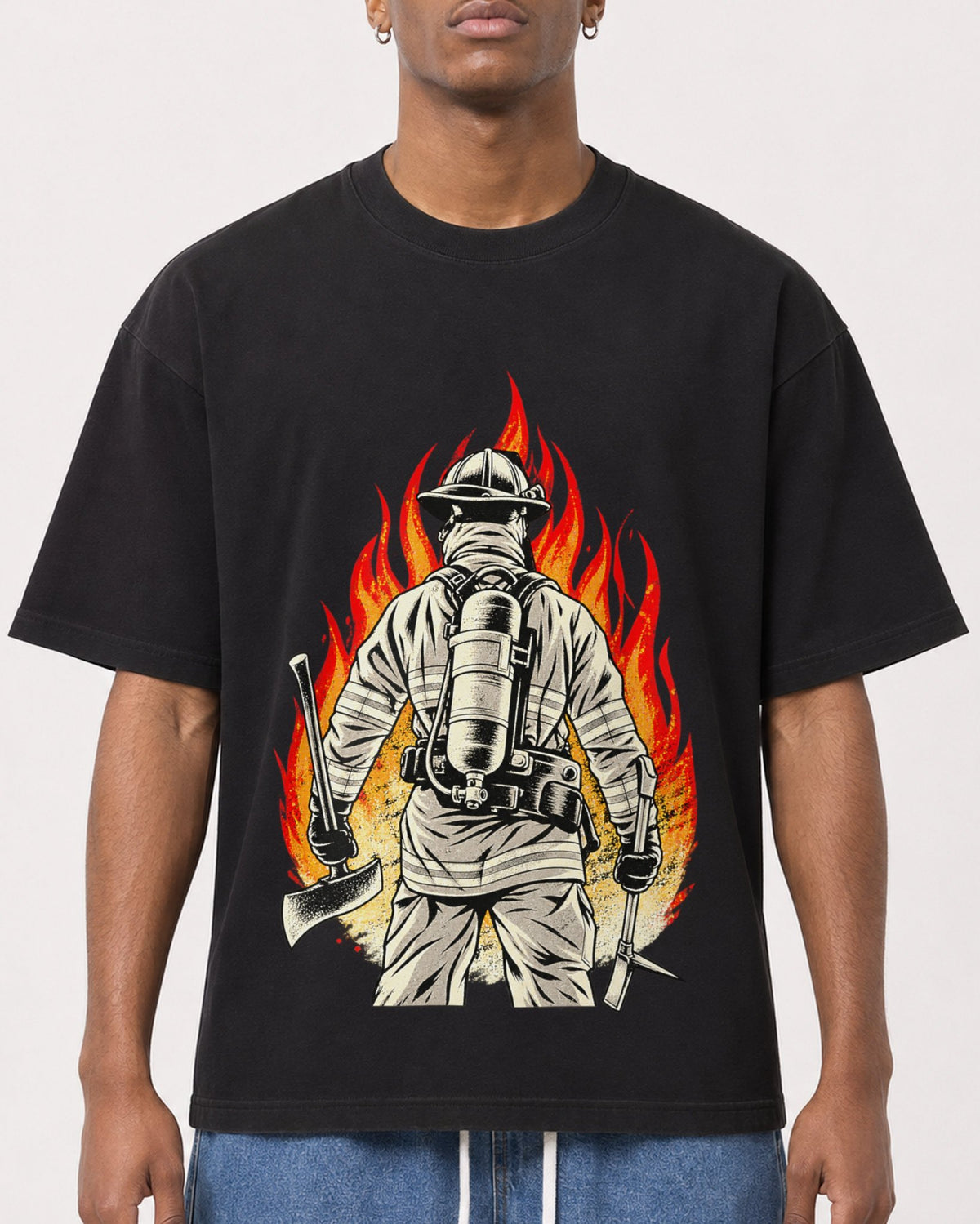 Mockup Boxy Heavyweight Tee Black male close-up 15