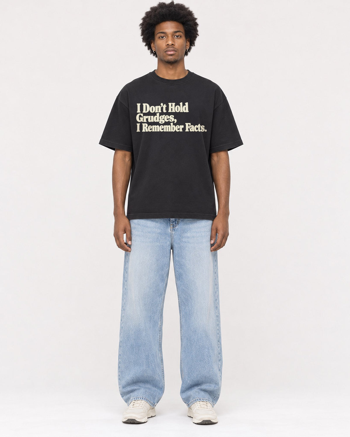 Mockup Boxy Heavyweight Tee Black male full-body 45