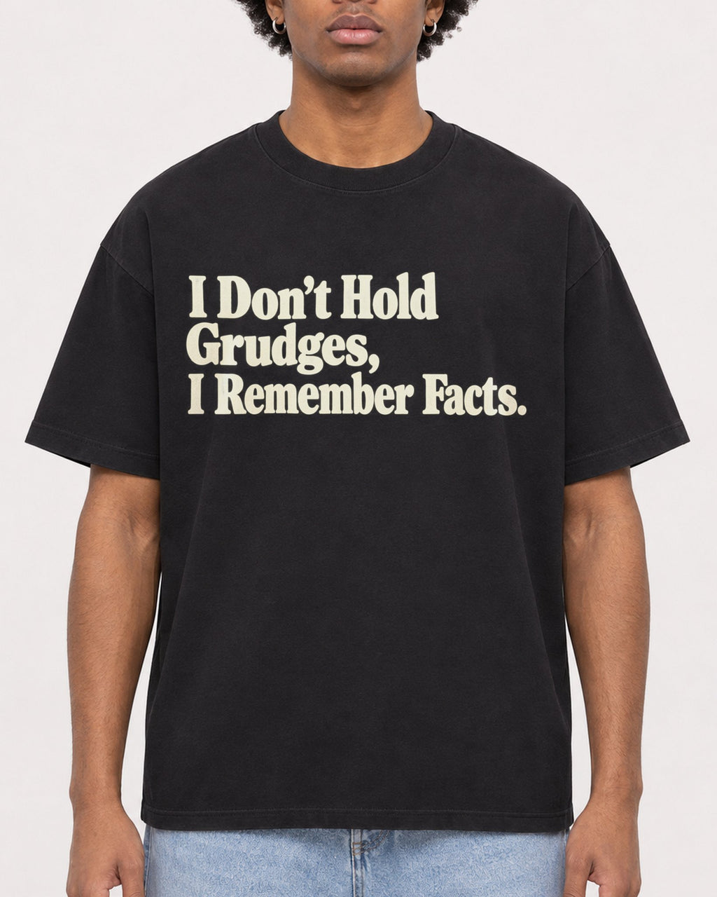 Mockup Boxy Heavyweight Tee Black male close-up 45