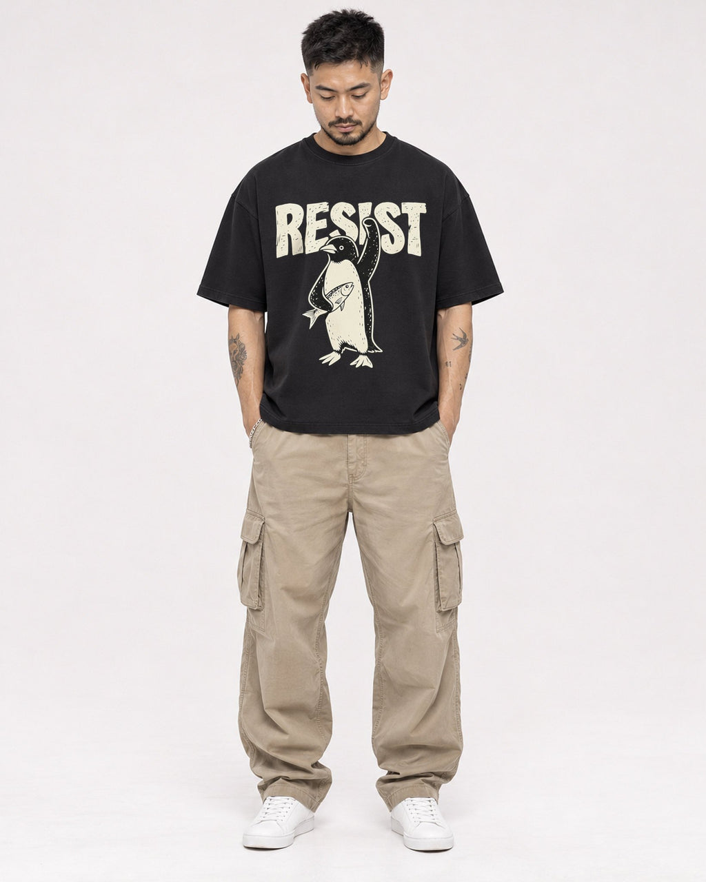 Mockup Boxy Heavyweight Tee Black male full-body 12