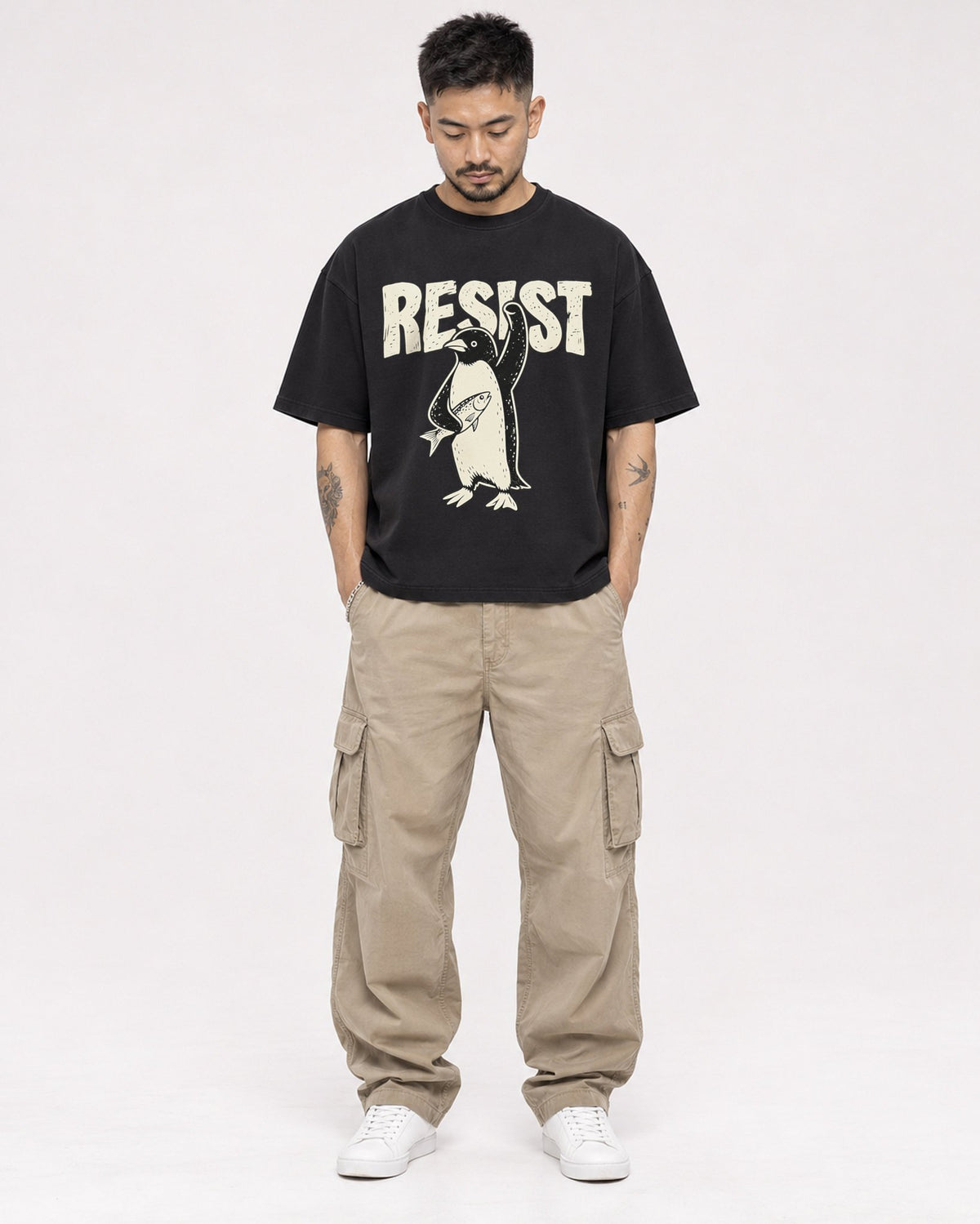 Mockup Boxy Heavyweight Tee Black male full-body 12
