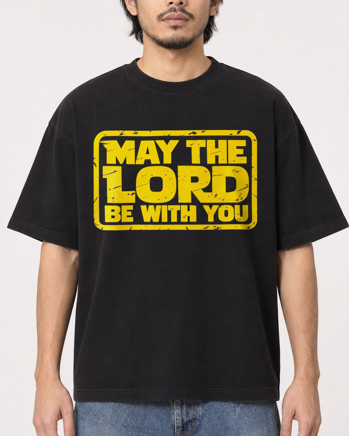Mockup Boxy Heavyweight Tee Black male close-up 22