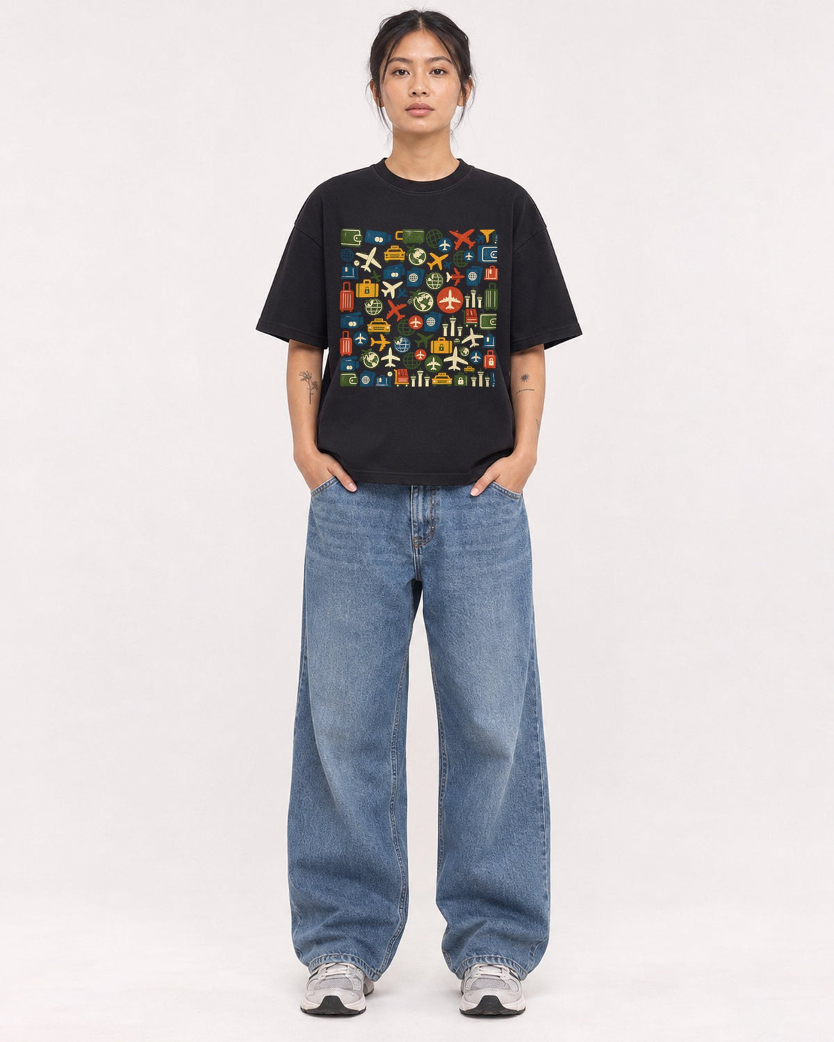 Mockup Boxy Heavyweight Tee Black female full-body 12