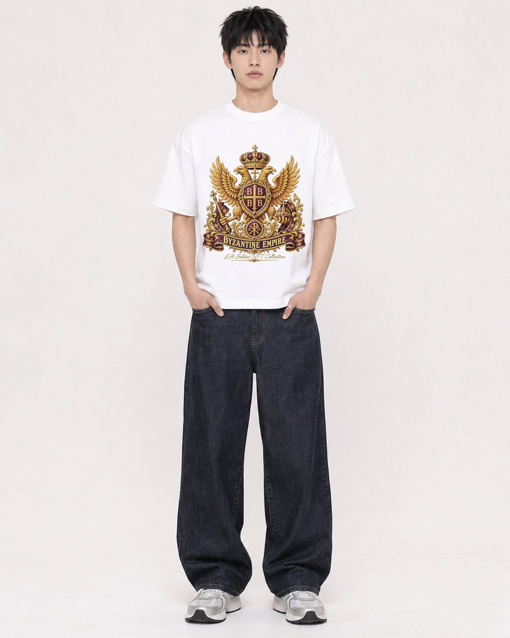 Mockup Boxy Heavyweight Tee White male full-body 01