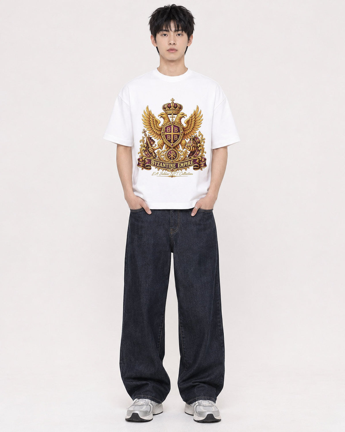 Mockup Boxy Heavyweight Tee White male full-body 01