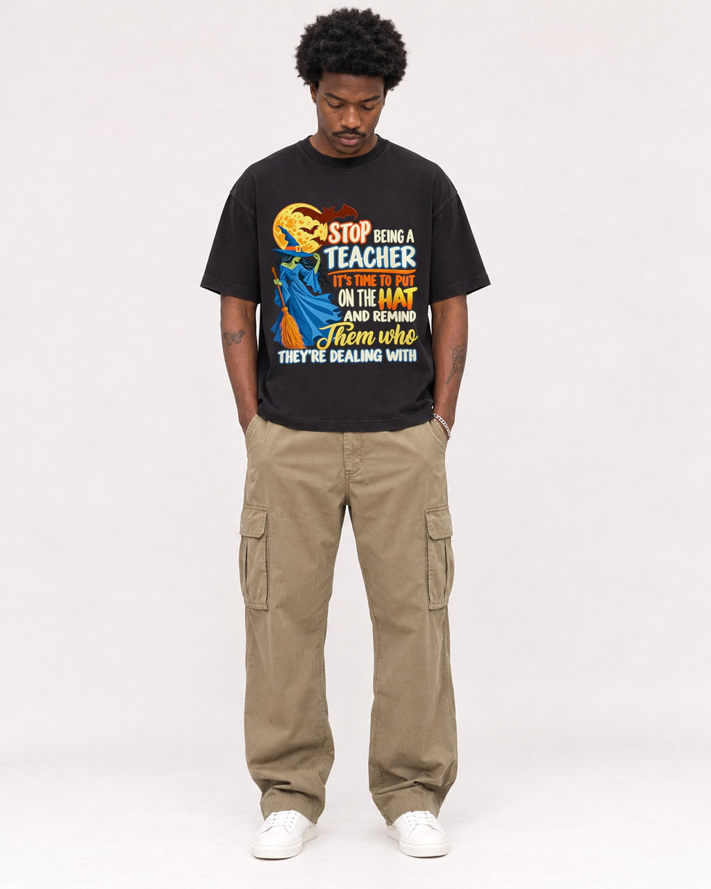 Mockup Boxy Heavyweight Tee Black male full-body 24