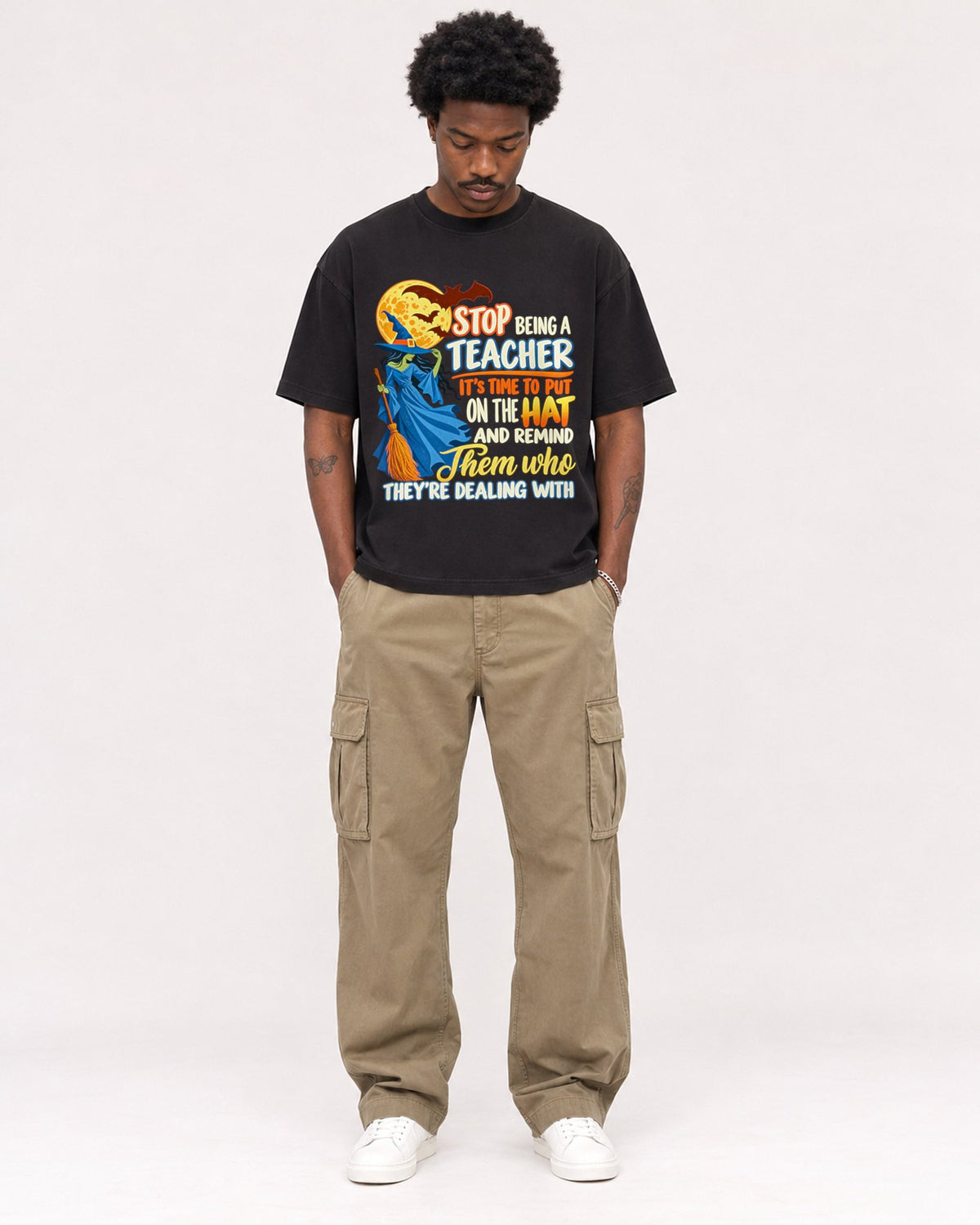 Mockup Boxy Heavyweight Tee Black male full-body 24