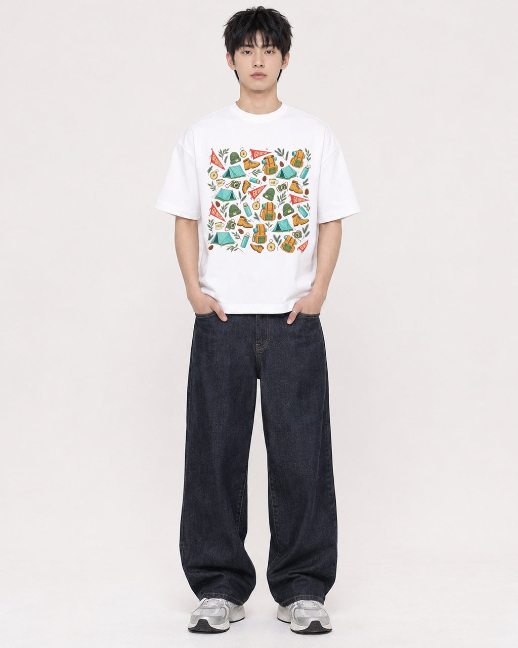 Mockup Boxy Heavyweight Tee White male full-body 01