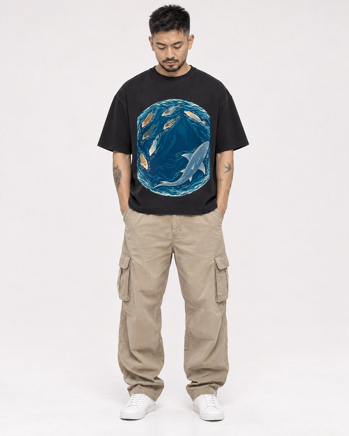 Mockup Boxy Heavyweight Tee Black male full-body 12