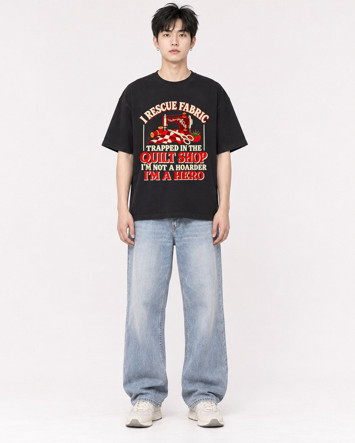 Mockup Boxy Heavyweight Tee Black male full-body 01