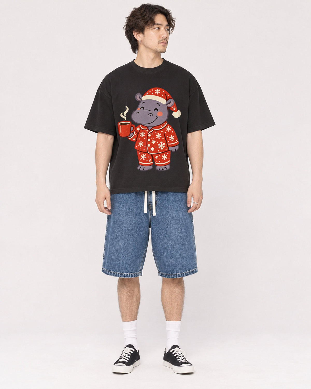 Mockup Boxy Heavyweight Tee Black male full-body 03