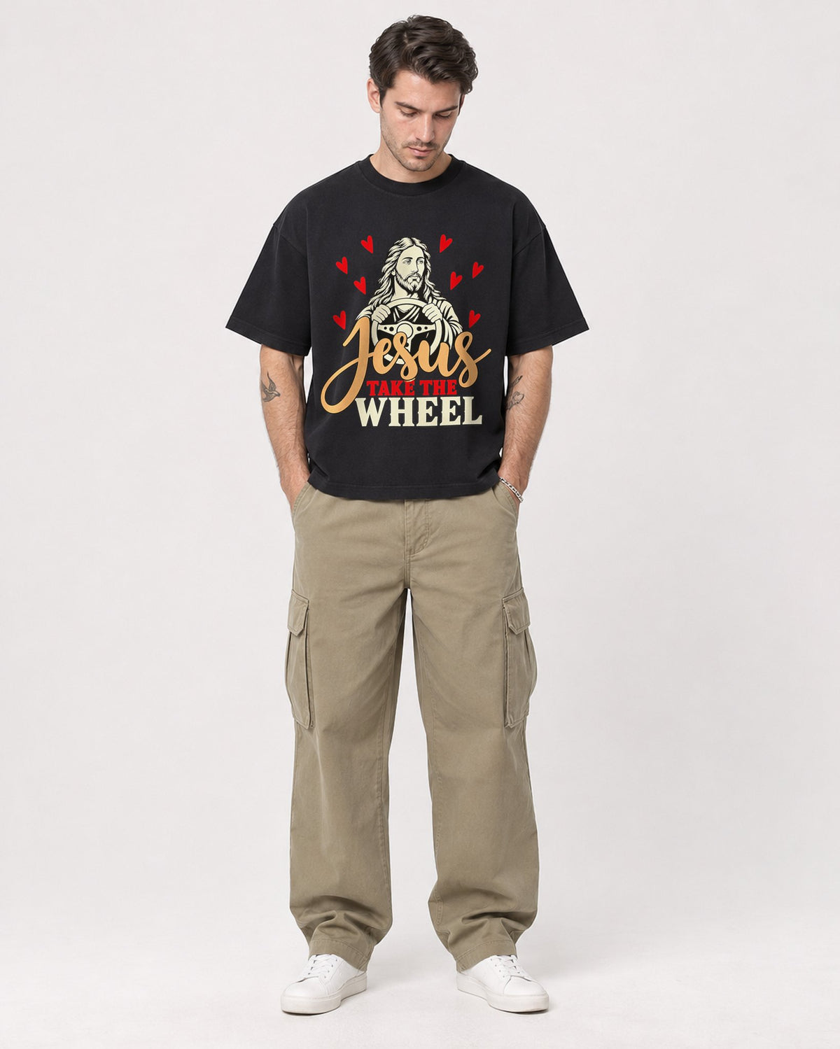 Mockup Boxy Heavyweight Tee Black male full-body 48