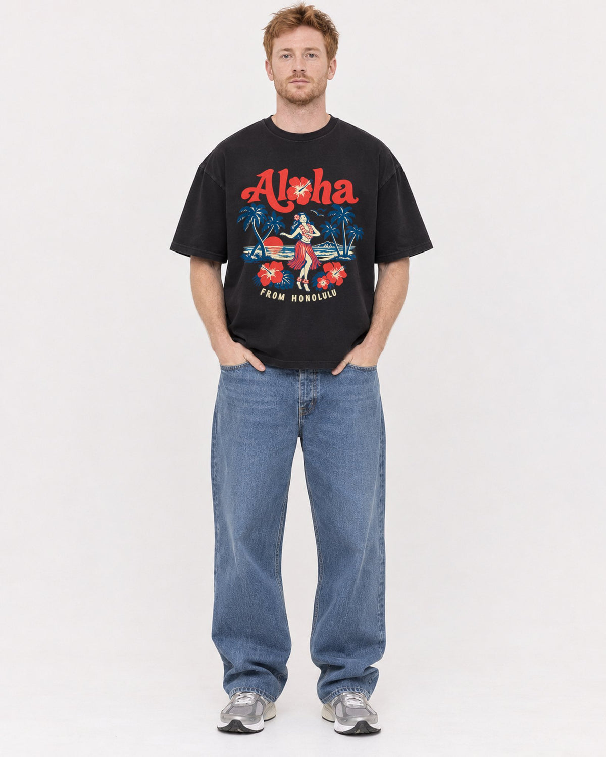 Mockup Boxy Heavyweight Tee Black male full-body 38