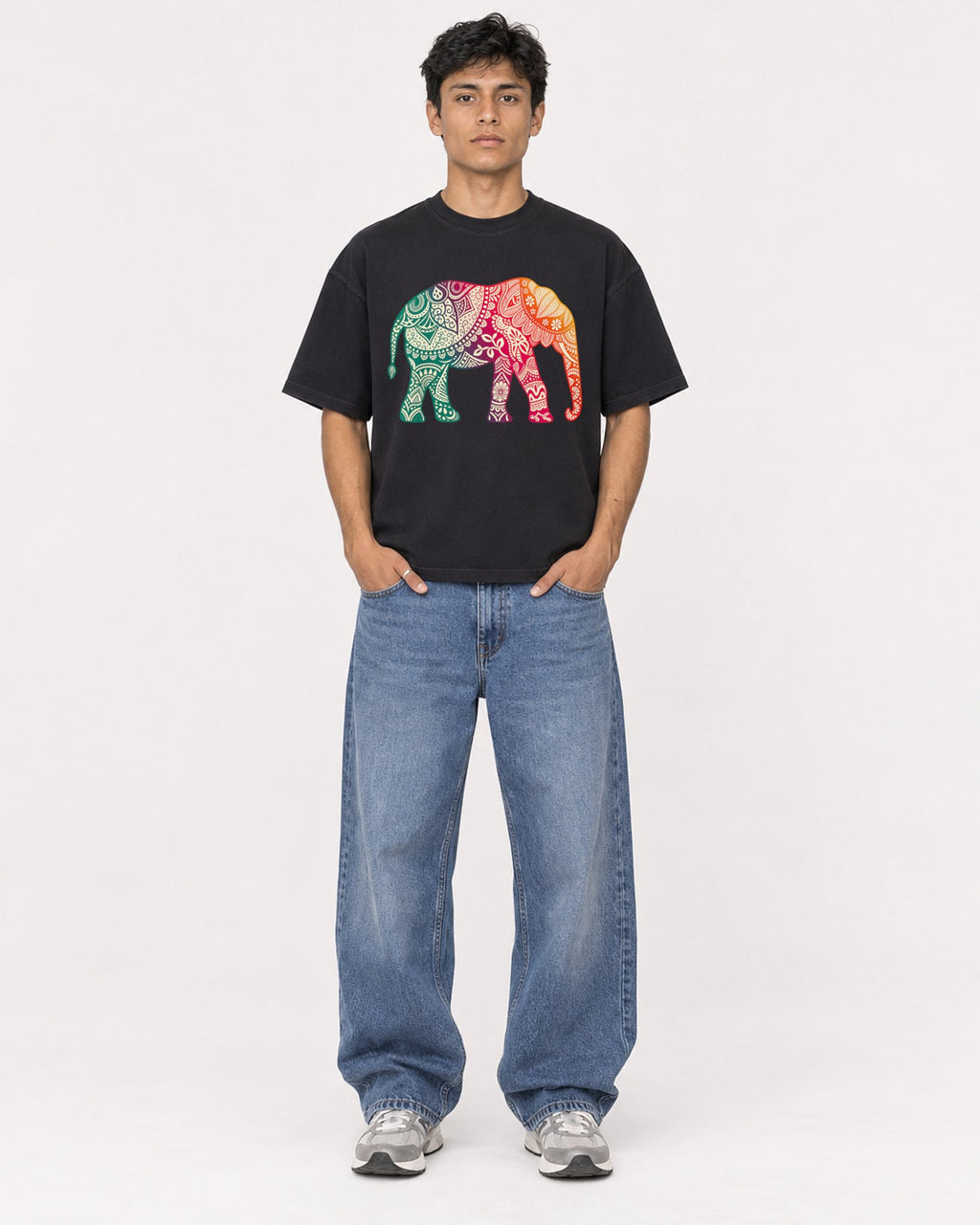 Mockup Boxy Heavyweight Tee Black male full-body 46