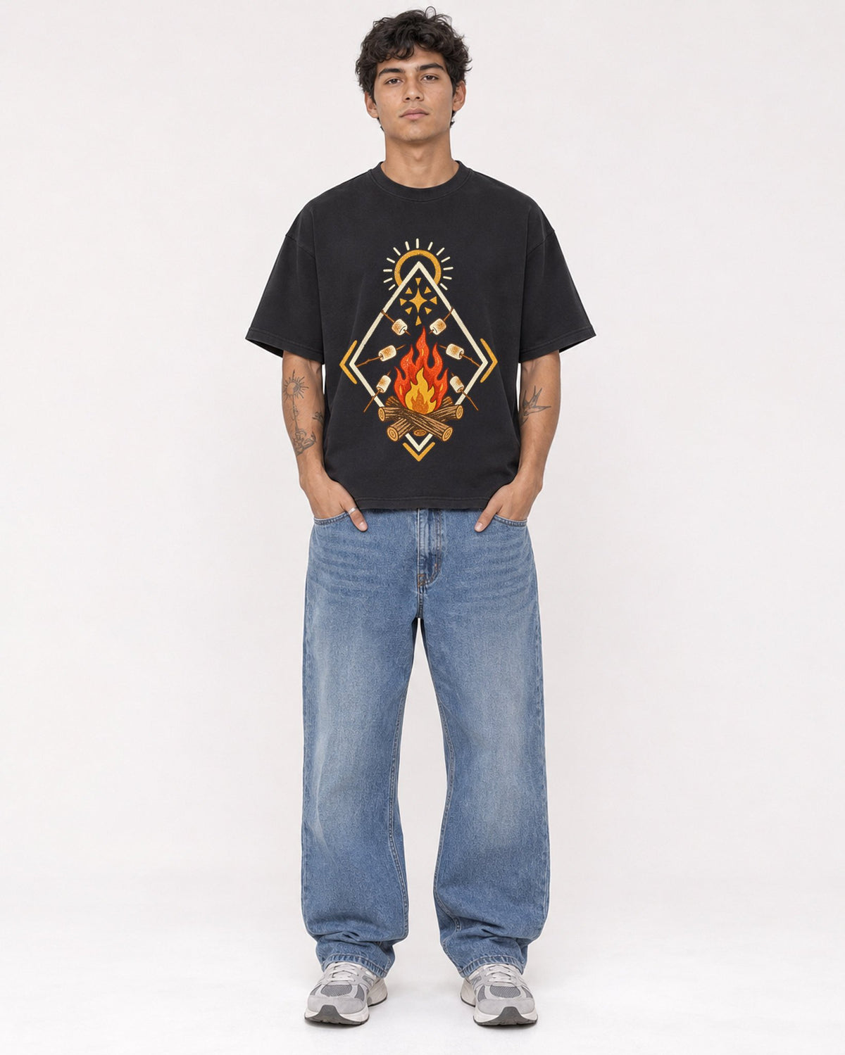 Mockup Boxy Heavyweight Tee Black male full-body 06