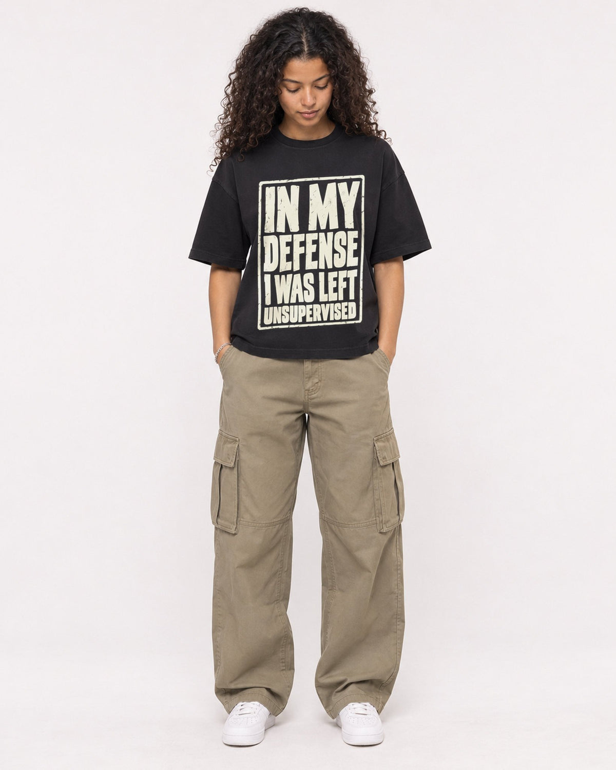 Mockup Boxy Heavyweight Tee Black female full-body 10
