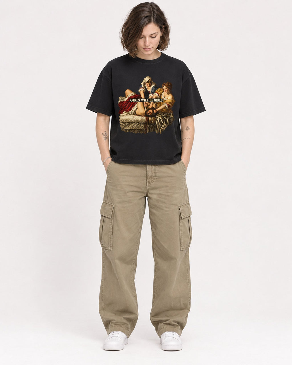 Mockup Boxy Heavyweight Tee Black female full-body 18