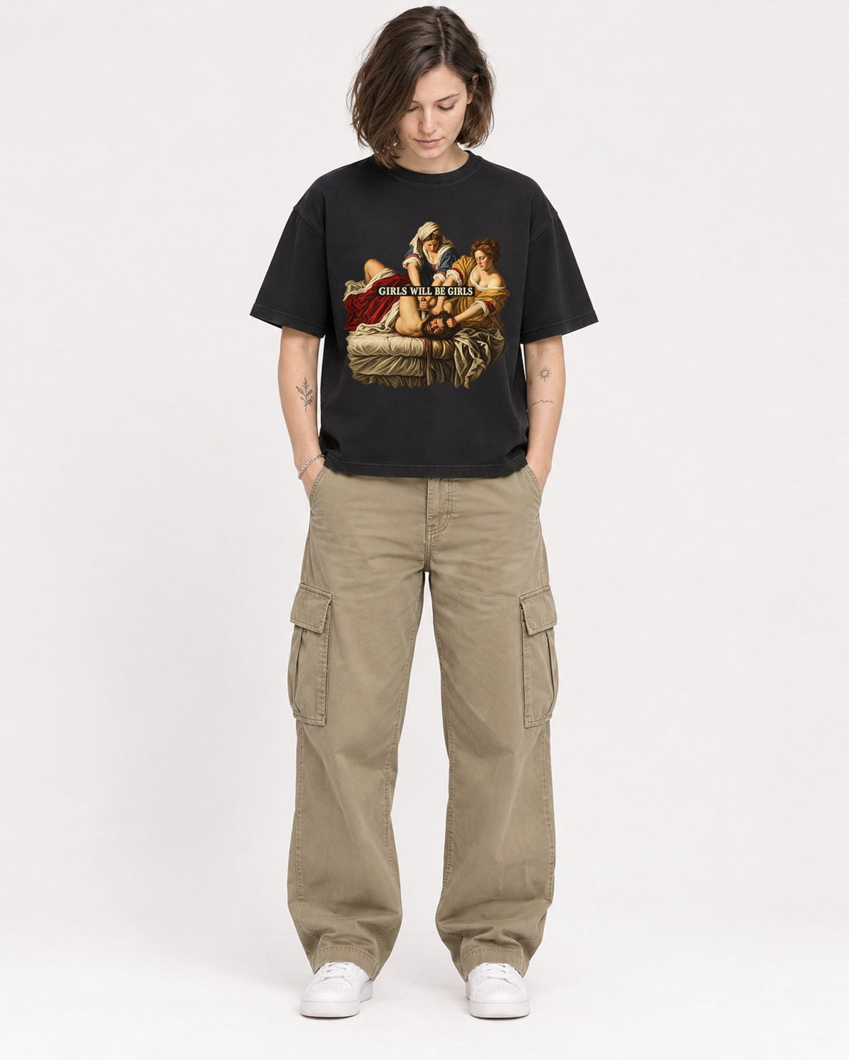 Mockup Boxy Heavyweight Tee Black female full-body 18