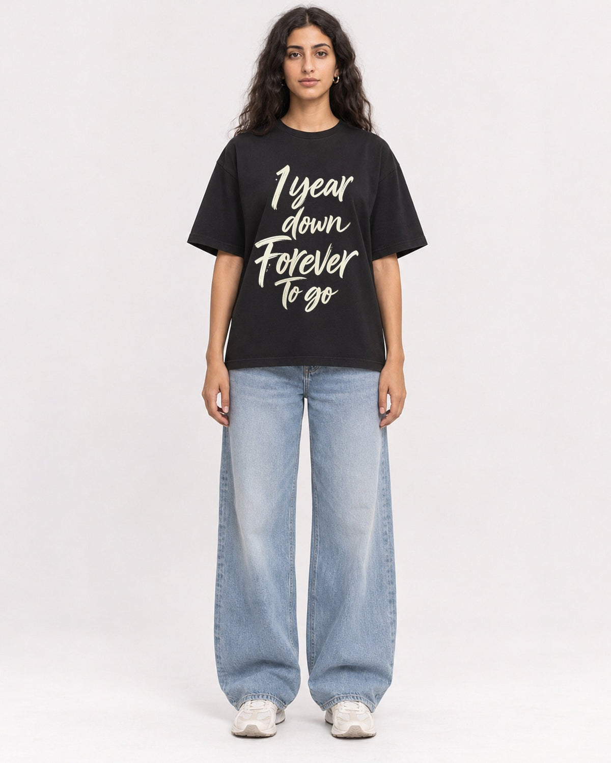 Mockup Boxy Heavyweight Tee Black female full-body 07
