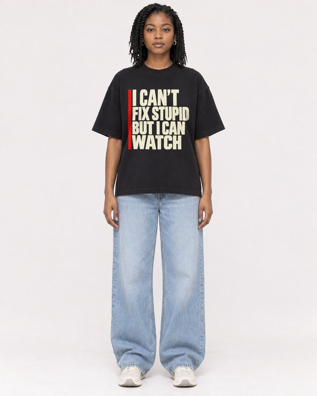 Mockup Boxy Heavyweight Tee Black female full-body 15