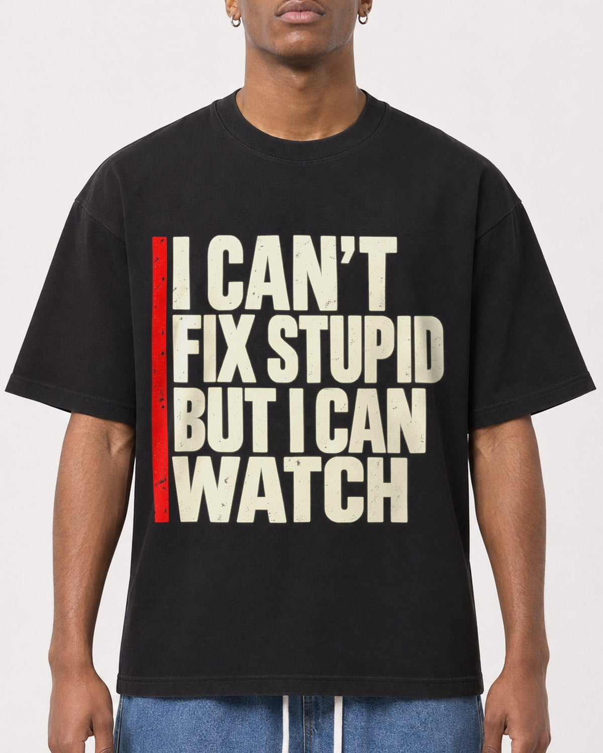 Mockup Boxy Heavyweight Tee Black male close-up 15