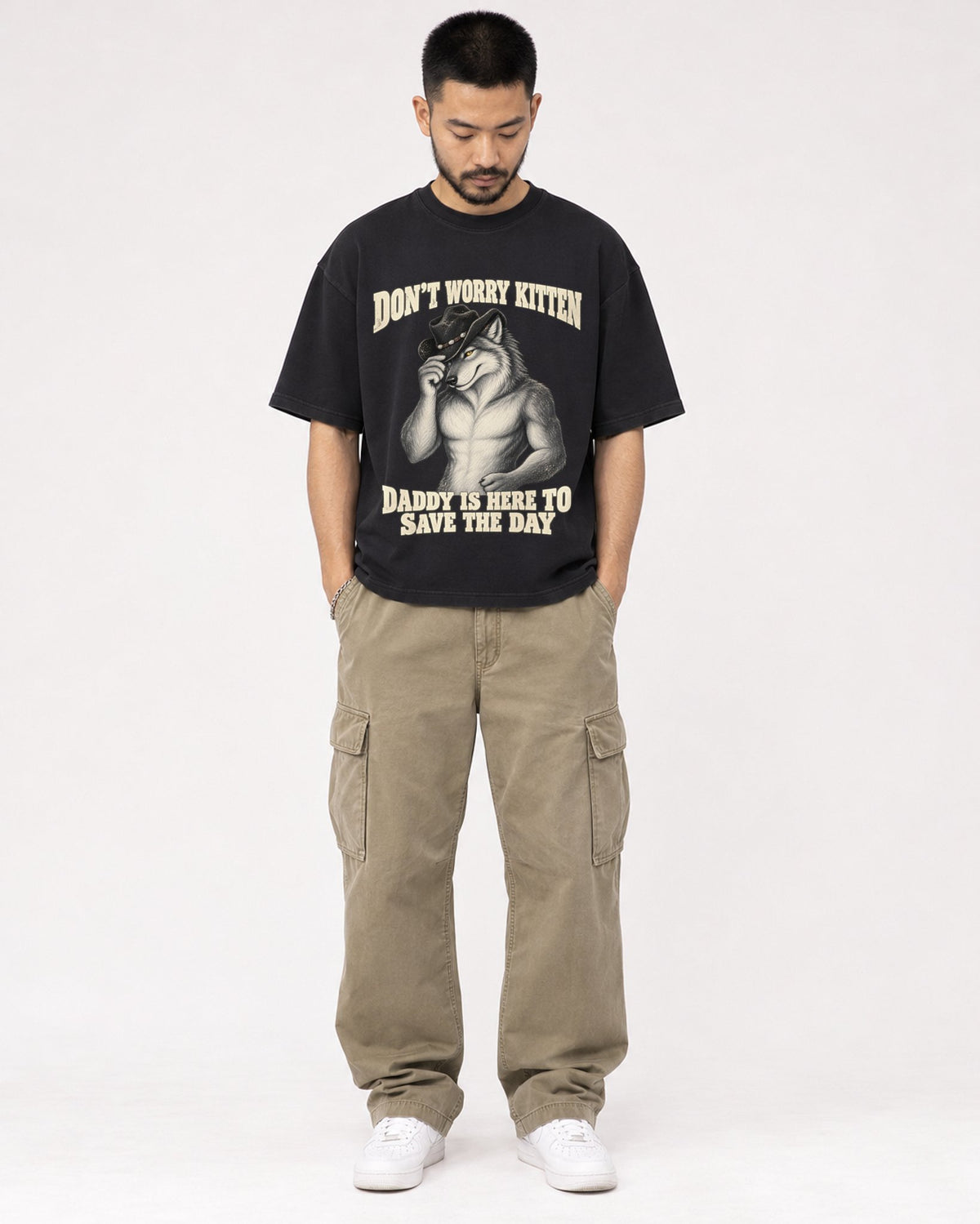 Mockup Boxy Heavyweight Tee Black male full-body 32