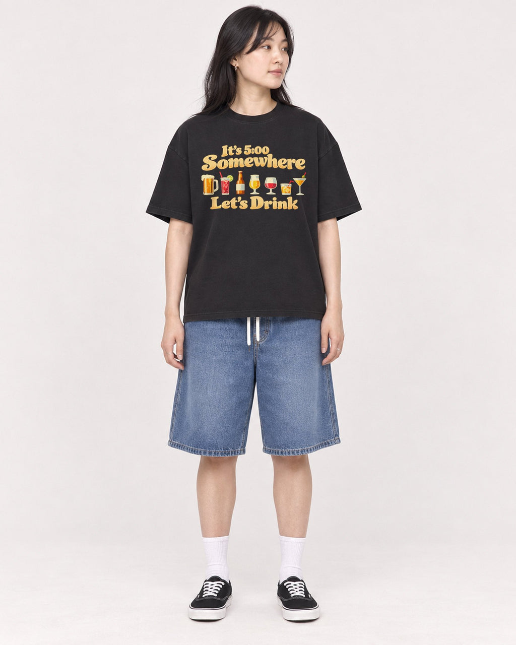 Mockup Boxy Heavyweight Tee Black female full-body 13