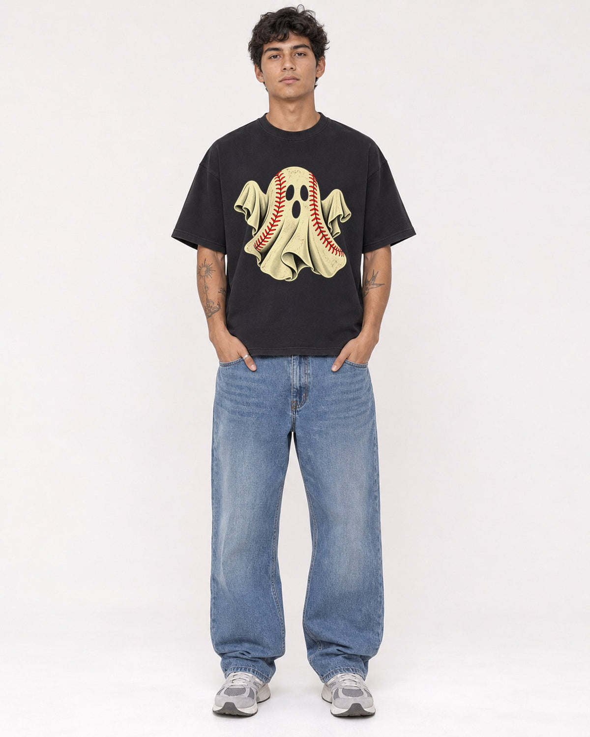 Mockup Boxy Heavyweight Tee Black male full-body 06