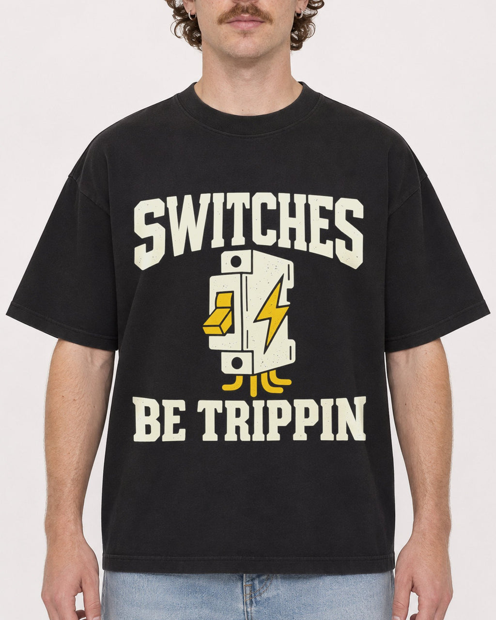 Mockup Boxy Heavyweight Tee Black male close-up 09