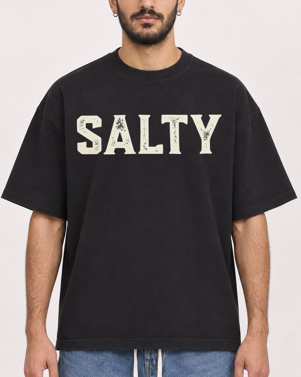 Mockup Boxy Heavyweight Tee Black male close-up 07