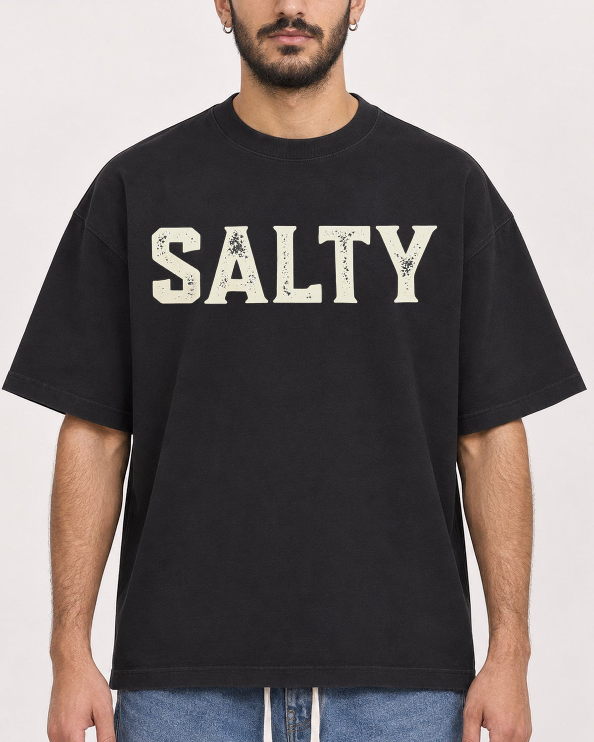 Mockup Boxy Heavyweight Tee Black male close-up 07