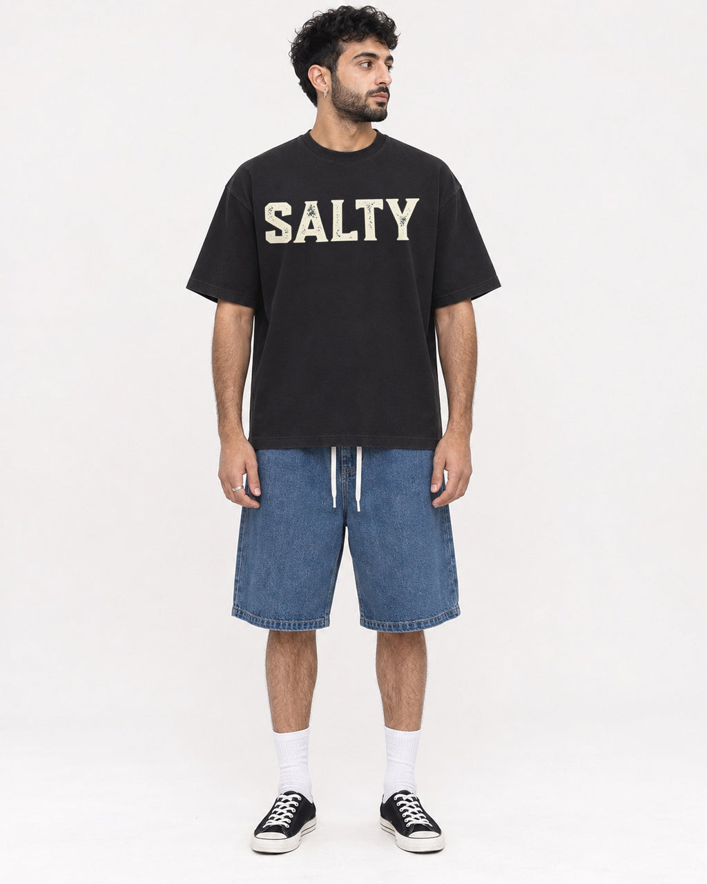 Mockup Boxy Heavyweight Tee Black male full-body 07