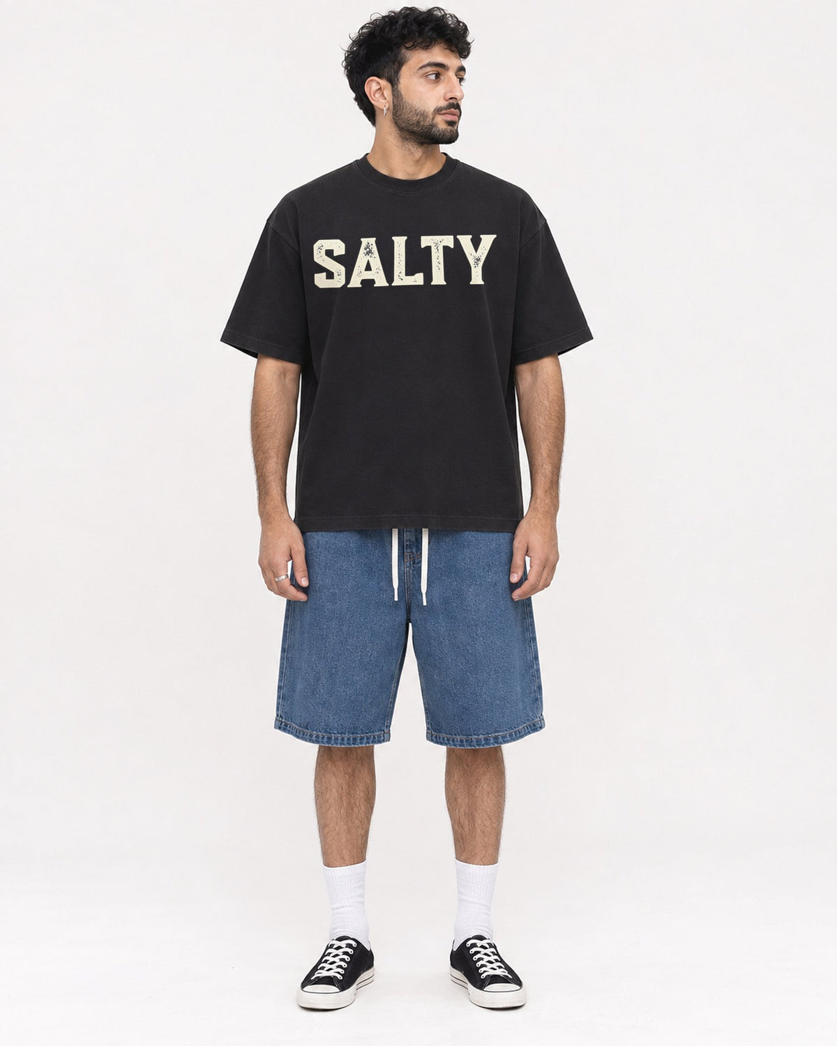 Mockup Boxy Heavyweight Tee Black male full-body 07