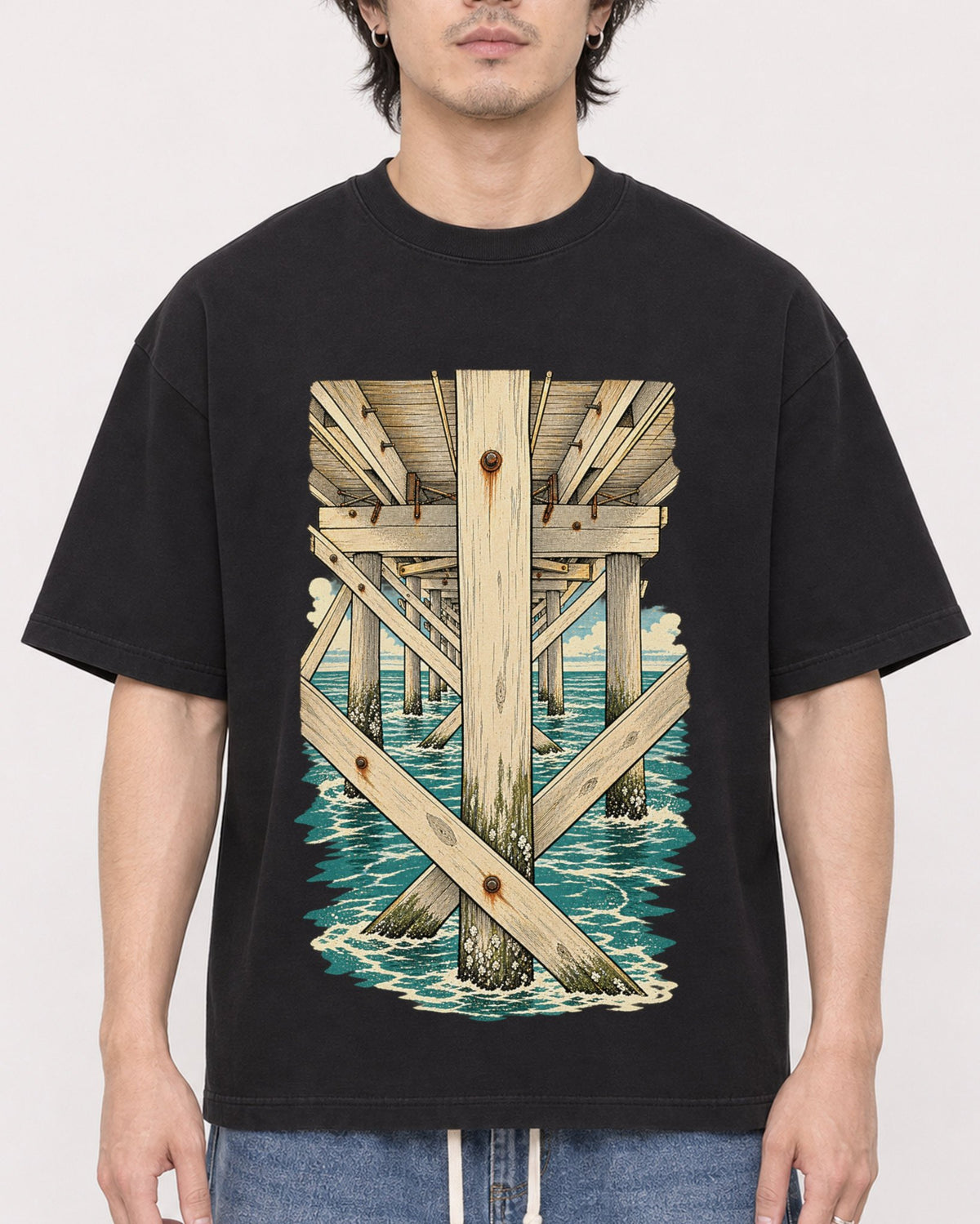 Mockup Boxy Heavyweight Tee Black male close-up 03