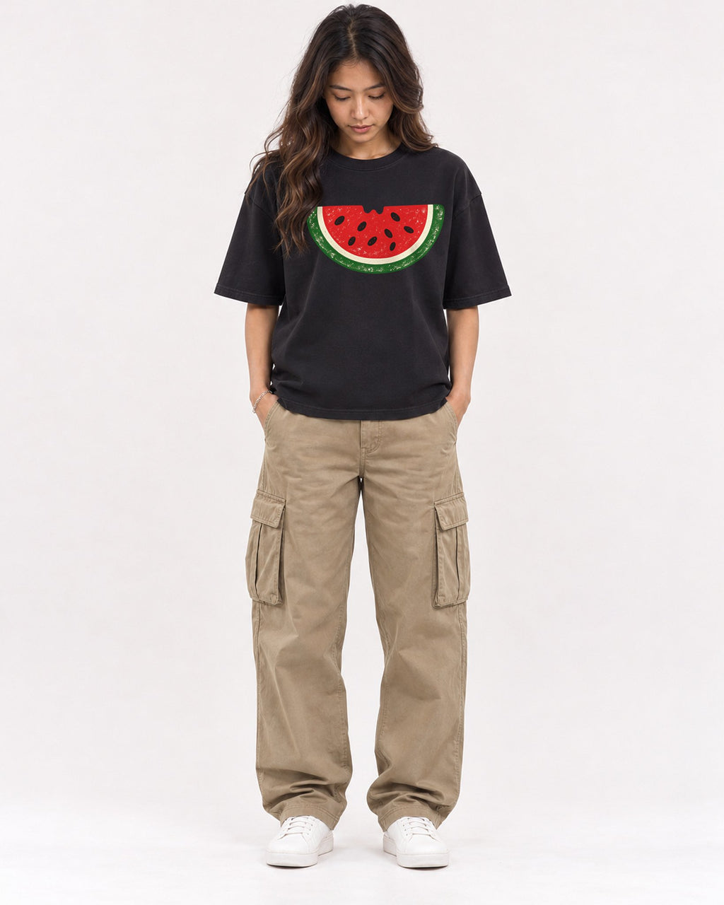 Mockup Boxy Heavyweight Tee Black female full-body 02