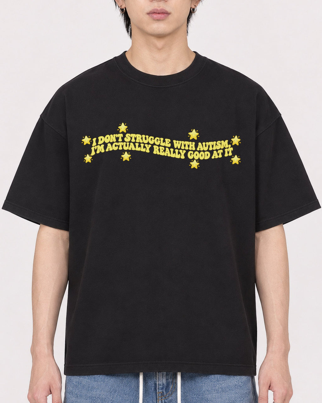 Mockup Boxy Heavyweight Tee Black male close-up 11