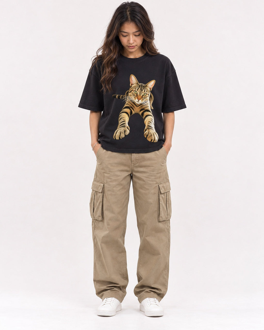Mockup Boxy Heavyweight Tee Black female full-body 02