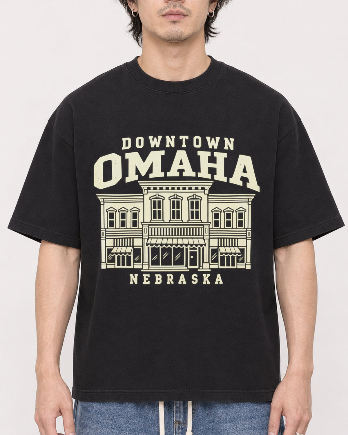 Mockup Boxy Heavyweight Tee Black male close-up 03